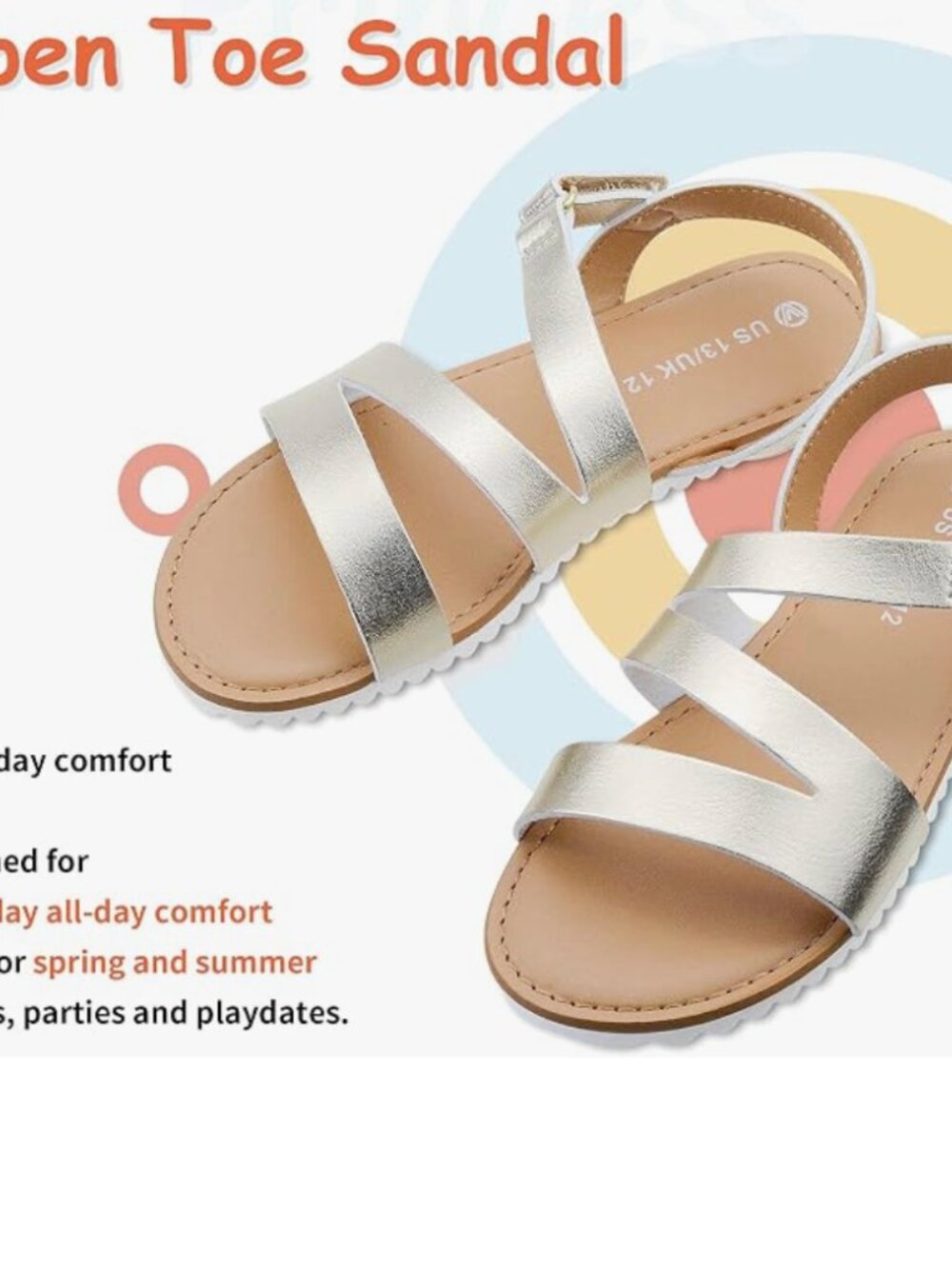 LSELOM Girls Cute Adjustable Ankle Strap Open Toe Flat Sandals Size 13
